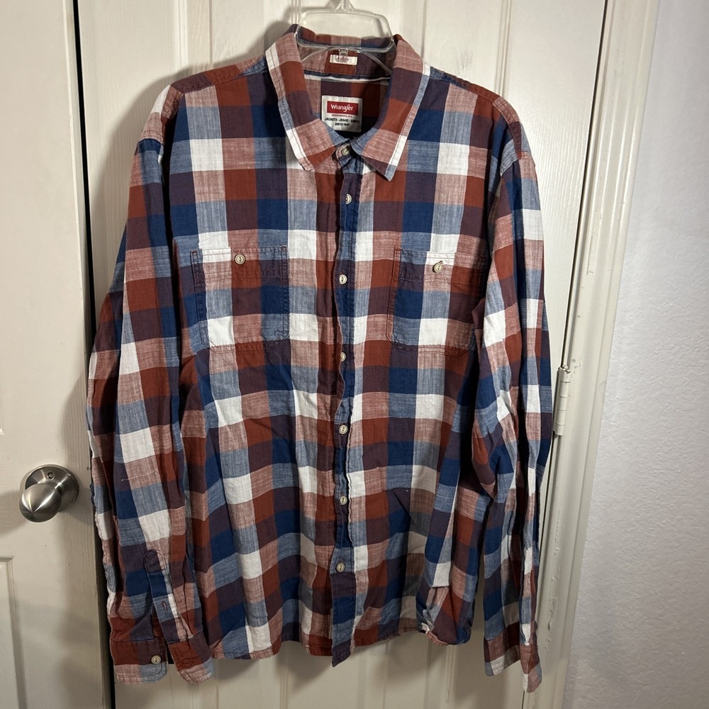 Wrangler Indigo Western Cowboy Mens 2XL Plaid Long Sleeve Shirt